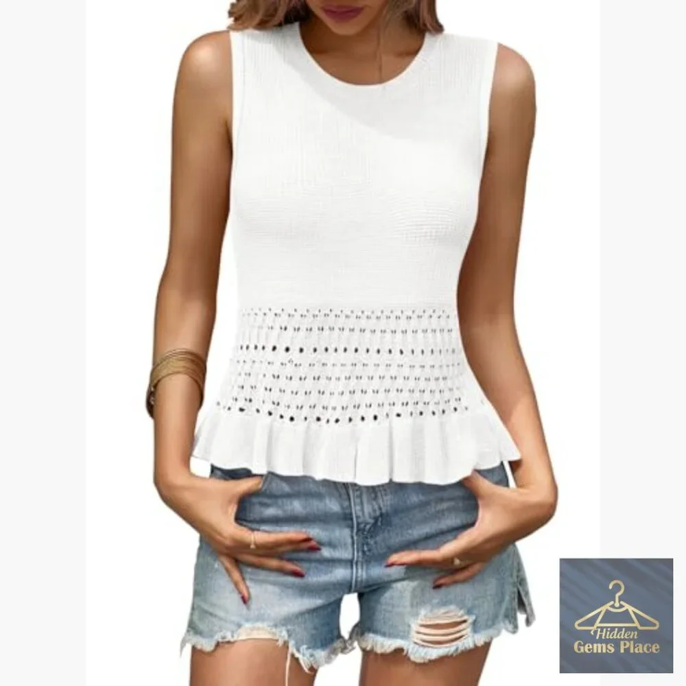 Crochet Crop Tank Top Sleeveless Crew Neck Ruffle Boho Knit Sweater Vest